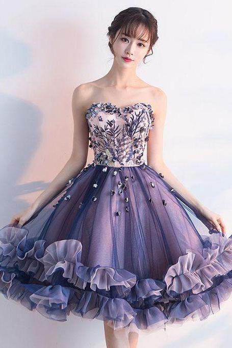 Purple Sweetheart Neck Tulle Lace Applique Short Prom Dress M7873
