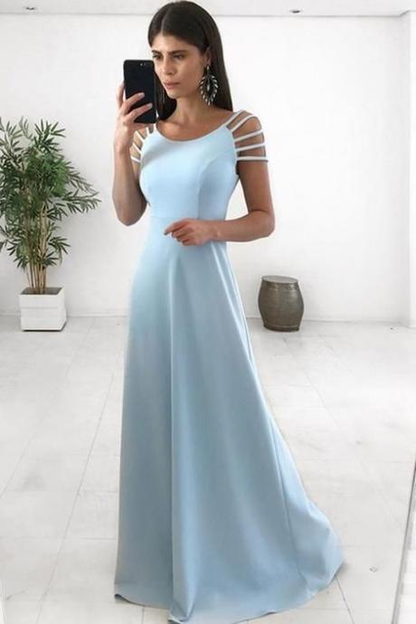 Round Neck Blue Long Prom Dresses Cap Sleeves Party Dresses For Women M7877