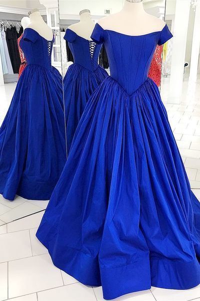 Off The Shoulder Royal Blue Prom Dress With Lace Up Back M7878