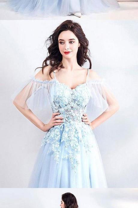 Light Blue Lace Tulle Long Prom Dress, Evening Dress M7882