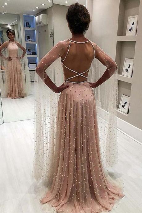 A-LINE LONG SLEEVES SWEEP TRAIN CRISS CROSS BACK PINK PROM EVENING DRESS M7893