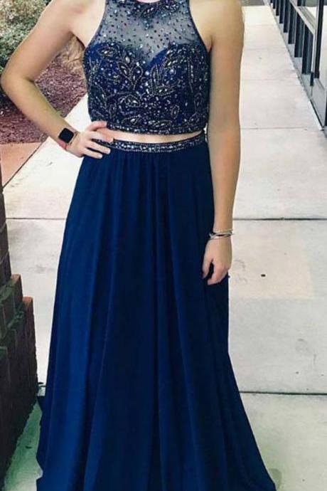 Navy Blue Two Piece Chiffon Backless Prom/formal Dress With Beading M7894