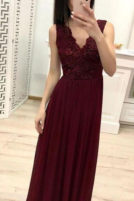 Burgundy Chiffon Lace Appliques Prom Dresses Long Prom Gown M7898