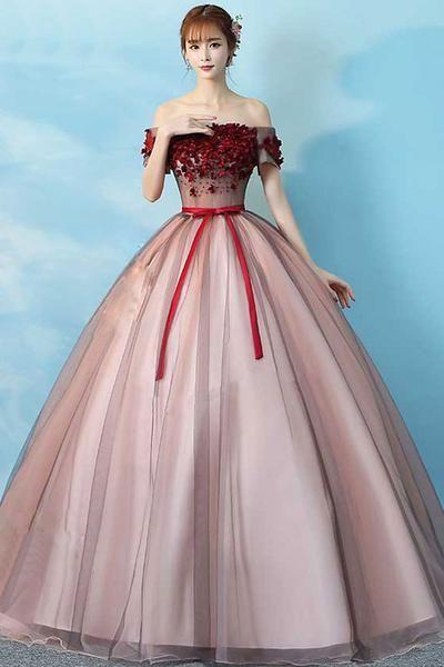 Pink Tulle Lace Long Prom Dress, Pink Tulle Evening Dress M7901