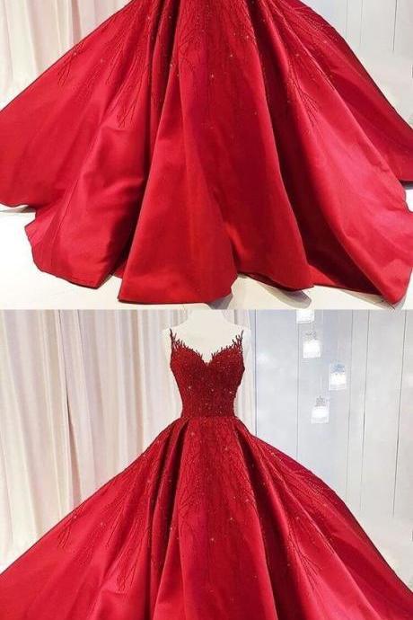 Ball Gown Red Prom Dress With Beads Floor-Length Satin Quinceanera Dress Sweet 16 Dresses for Girls M7907