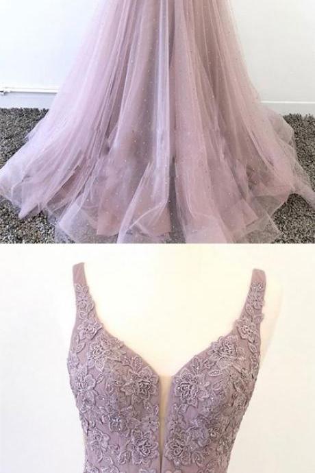 Beautiful Purple Prom Dresses Deep V Neck With Appliques Beading M7925