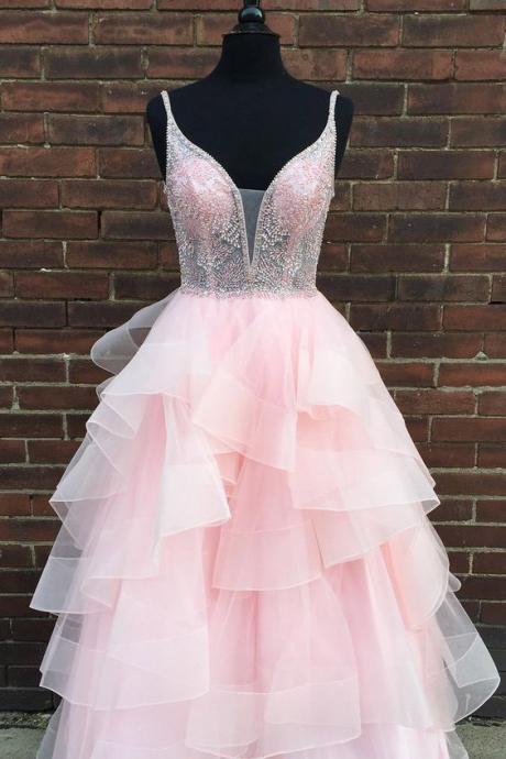 Ruffles Beaded Long Pink Prom Dress M7932