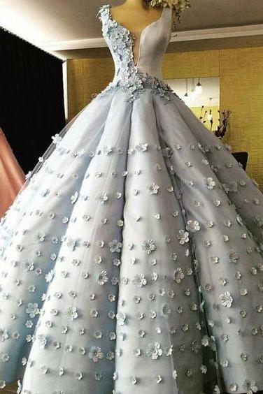Light Blue Satin V Neck Ball Gown Flower Wedding Dresses M7940