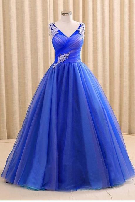 Royal Blue V Neck Sleeveless Prom Dress, Floor Length Long Quinceanera Dresses M7941