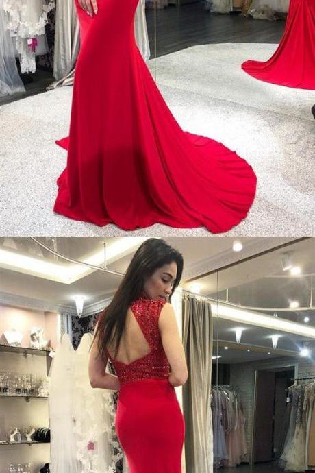 Red High Neck Sleeveless Mermaid Prom Dresses Beading Evening Dresses M7949