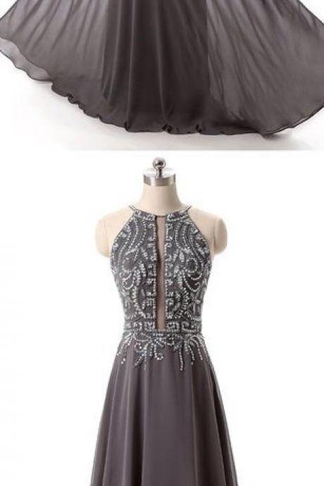 Unique Dark Gray Backless Sequin Long Prom Dress For Teens, Gray Evening Dress M7975