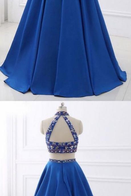 Charming Simple A Line Prom Dresses,two Piece Prom Dresses, High Neck Rhinestone Satin Long Prom Dress M7977