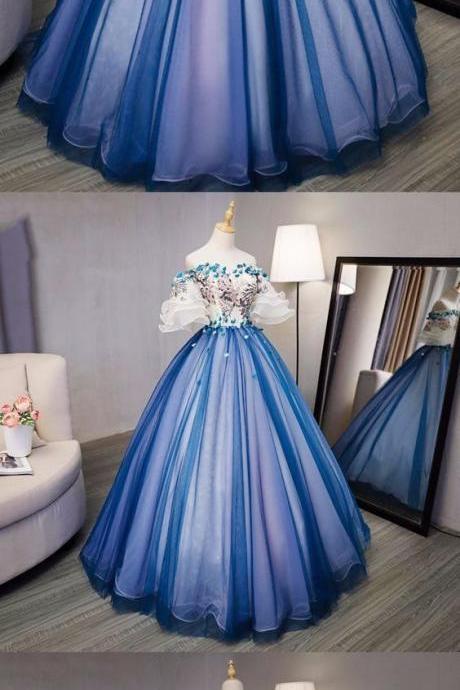 Ball Gown Prom Dresses Royal Blue And Ivory Hand-made Flower Prom Dress/evening M7988