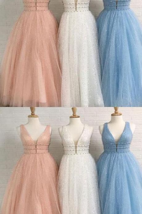 Shining Tulle V-neck Neckline Floor-length A-line Bridesmaid Dresses With Beading M7991