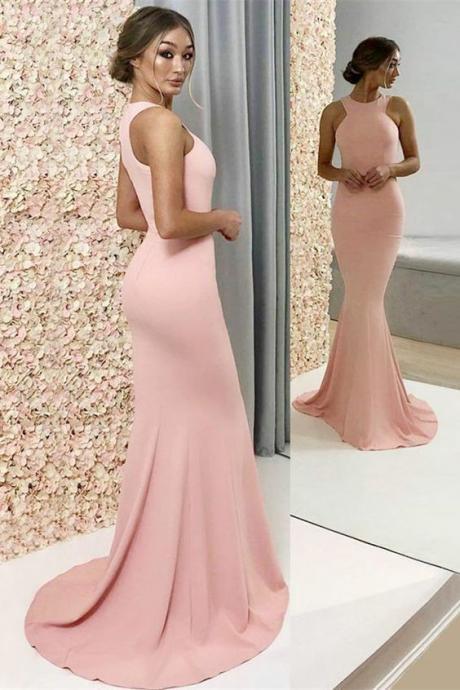 Elegant Mermaid Round Neck Elastic Satin Pink Long Bridesmaid Dresses M7994