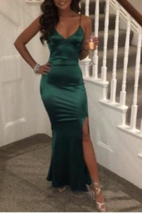 Sexy Satin Green Slit Evening Dresses, Lovely Straps Formal Dress, Prom Dresses M7996