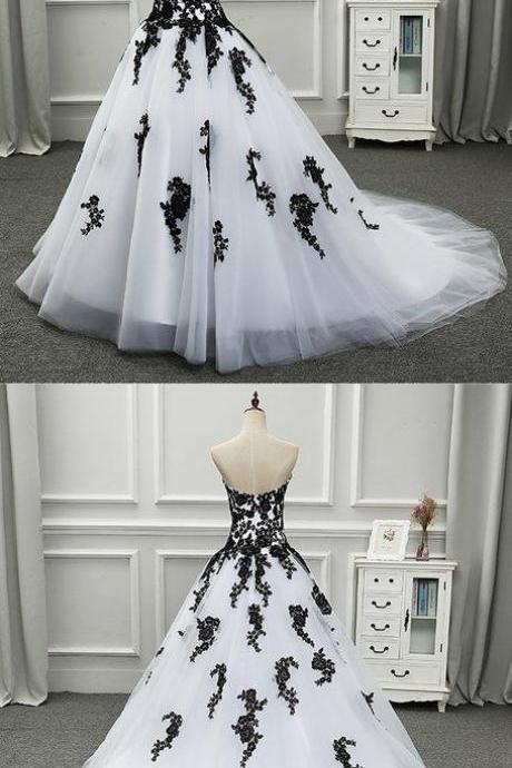 White And Black Sweetheart Neckline Long Lace Up Evening Dress, Tulle Prom Dress M8011
