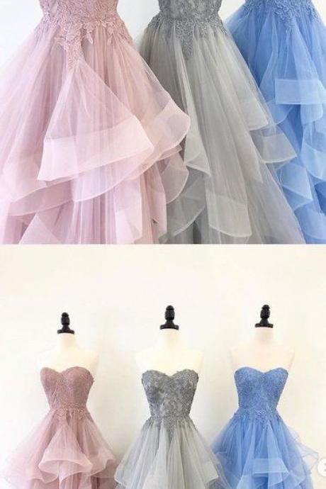 Sweetheart Neck Multi-color Tulle Layered Long Senior Prom Dress, Lace Evening Dress M8015