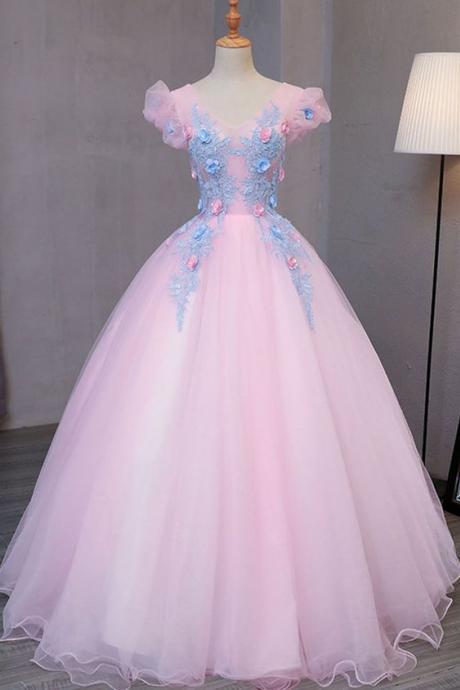Special Pink Tulle V Neck Long Prom Gown With Blue Flower Lace Appliqués M8020