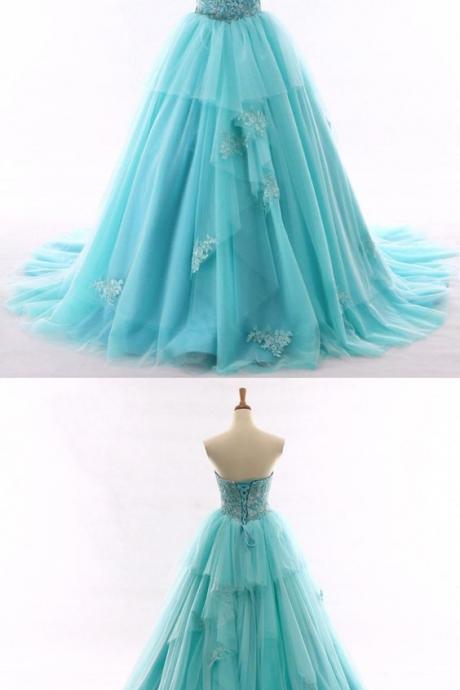 Unique Light Blue Tulle Sweetheart Neckline Beaded Prom Gown, Long Tulle Lace Evening Dress M8022