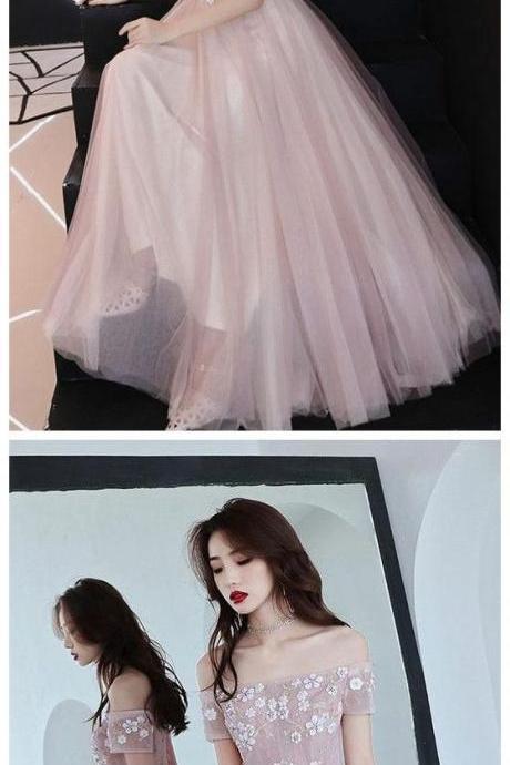 2019 Coming Pink Tulle Lace Long Prom Dress, Pink Bridesmaid Dress M8026