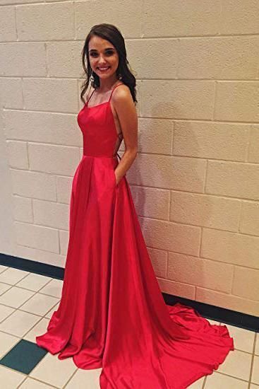 A Line Red Spaghetti Straps Open Back Prom Dresses With Slit Pockets M8046