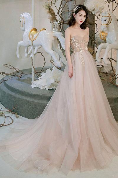 Champagne Sweetheart Tulle Long Prom Dress, Champagne Evening Dress M8052