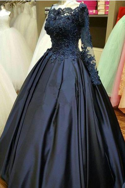 Navy Blue Satin Long Sleeve Lace Applique Formal Prom Dress, Evening Dress M8056