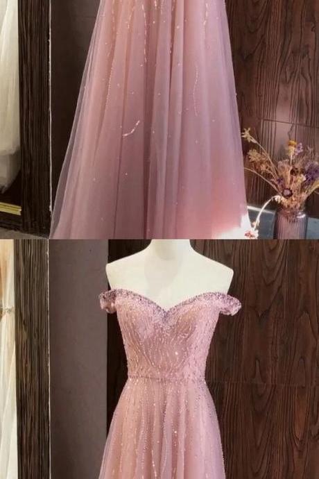 Fashion Off Shoulder Tulle Floor Length Homecoming Dress, Long Prom Dresses With Beaded M8061