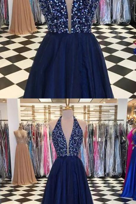 Shinning sequins V neck navy blue tulle backless long prom dresses M8063