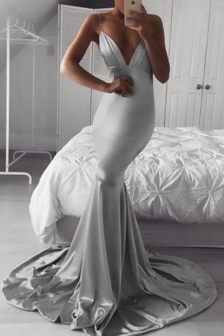 Silver Satin Mermaid Plunge Neck Prom Dress M8066