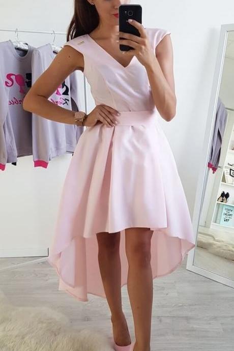 A-line V-neck Cap Sleeves High-low Pink Homecoming Dress,spaghetti Sexy Cocktail Dress M8072