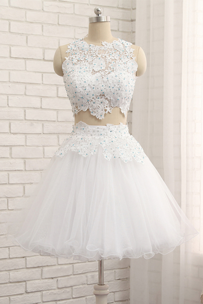 White Tulle Short Two Pieces Homecoming Dress, Lace Prom Dress M8081