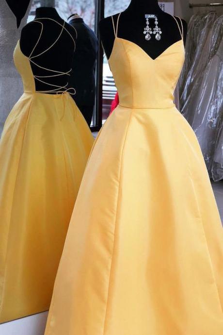 Sexy Backless Yellow A Line Prom Dress Long Evening Dress M8082