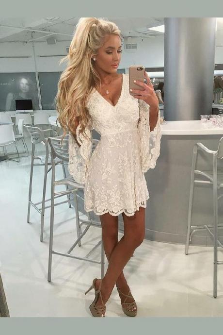 Custom Made Substantial Party Dress Lace A-line V-neck Open Back Bell Sleeves Short White Lace Homecoming Dress With Beading M8086