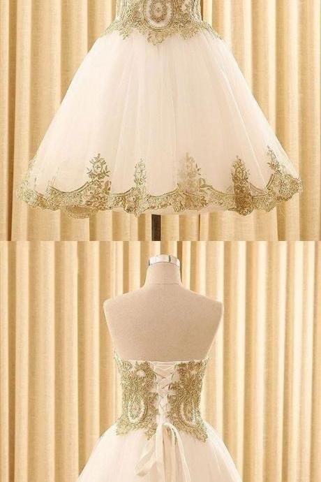 Luxury White Tulle Homecoming Dress,gold Appliques Short Ball Gown,strapless Graduation Dress M8093