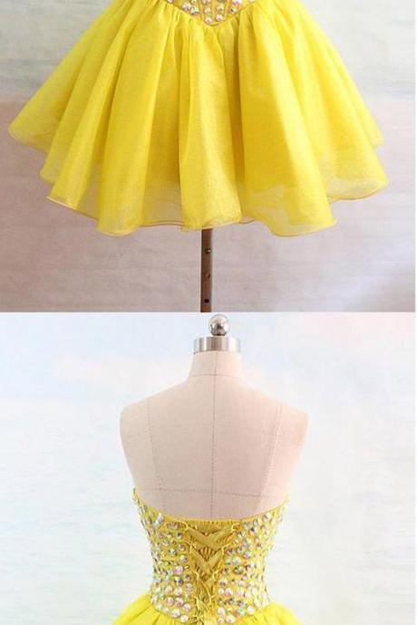 Organza Sweetheart Yellow Homecoming Dresses With Beading M8098