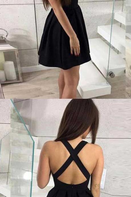 A-line V-neck Criss-cross Straps Satin Little Black Dress M8127
