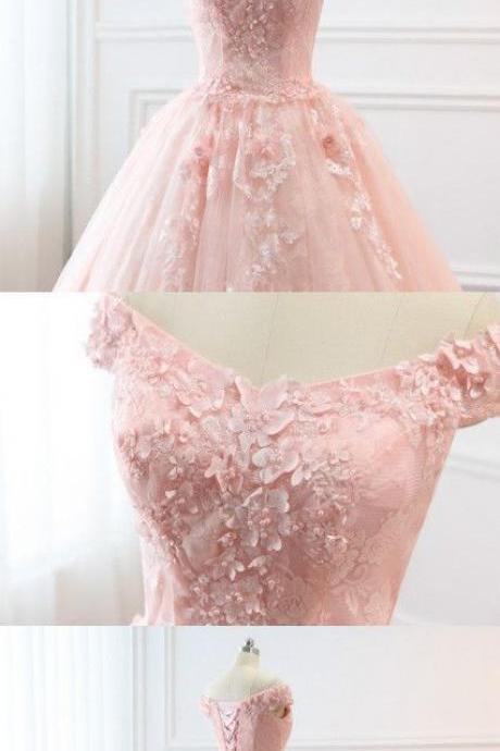 Chic A-line Off The Shoulder Lace Pink Prom Dresses Backless Evening Dress M8139