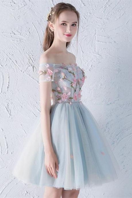 A Line Off The Shoulder Floral Applique Mini Homecoming Dress M8150