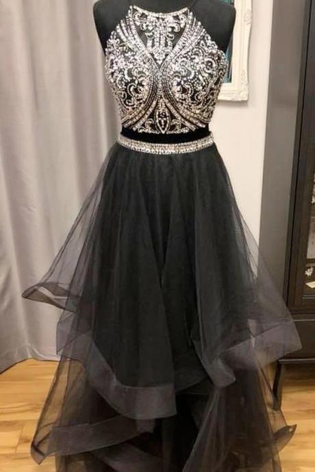 Beautiful Sparkly Two Piece Black Long Prom Dress With Sparkle Sequins Top, Elegant Long Party Dress M8154