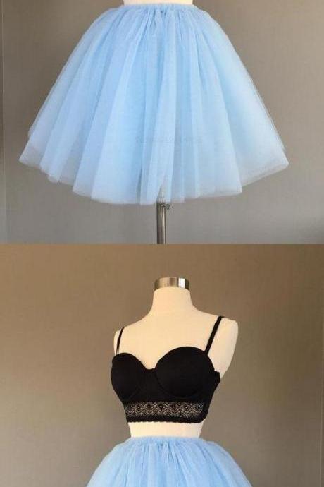 Blue Two Pieces Blue Homecoming Dress A-line Simple Tulle Short Prom Dress M8157