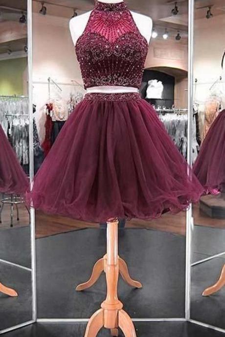 Grape High Neck Beaded 2 Pieces Short Homecoming Dress Cute Tulle Beadings Girls Cocktail Party Gowns Short Graduation Party Dress Two Pieces