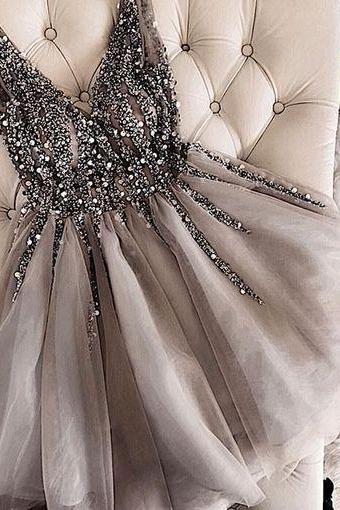Gray V-neck Beaded Tulle Homecoming Dress,short A-line Prom Dress,party Dress M8171