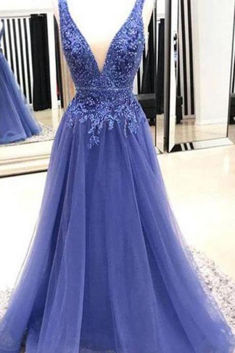 A-line V Neck Blue Tulle Prom/evening Dresses With Lace Applique M8198