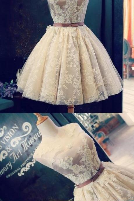 Sexy Homecoming Dress Scoop Lace Ivory Tulle Bowknot Short Prom Dress Party Dress M8202