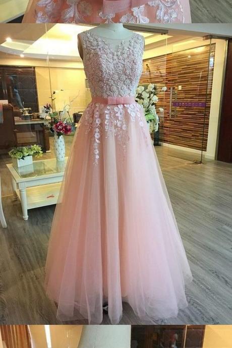 A-line Bateau Open Back Pearl Pink Tulle Appliques Prom Dress With Pearls M8208