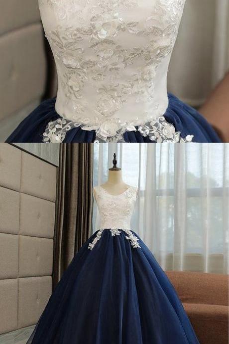 Vintage Navy Blue Tulle Long Sequined Quinceanera Dress, Formal Prom Dress M8209