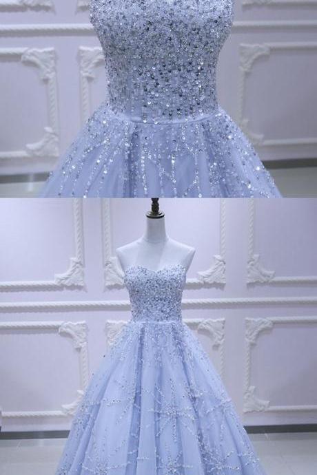 Sweetheart Neck Light Blue Tulle Sequins Long Evening Dress, Long Prom Dress M8212