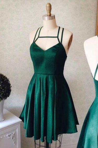 Emerald Homecoming Dress,short Party Dress,green Straps Formal Dress,v Neck Short Prom Dress M8228
